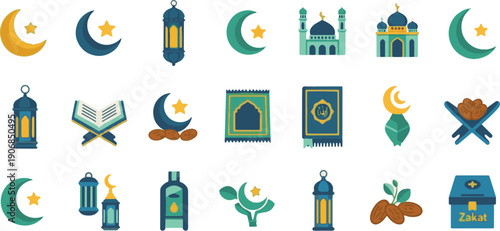 Ramadhan Kareem Collection of Islamic Icons for Celebration and Spiritual Observance, Featuring Mosques, Lanterns, and Crescent Moons