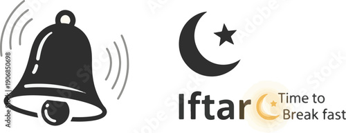 Ramadhan Kareem Iftar Bell A spiritual reminder icon for the sacred time to break fast under the crescent moon and star