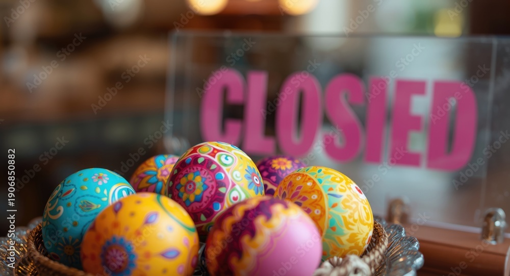 Naklejka premium Close up of brightly decorated eggs with a sign announcing closure indoors