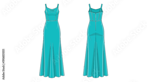 Sleek teal cowl neck maxi dress flat technical drawing showing front and back views