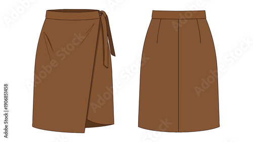 Technical fashion flat of an earthy brown wrap skirt featuring a stylish tie closure, shown from both front and rear perspectives for apparel design
