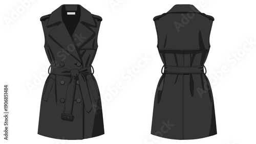 Fashionable sleeveless black trench coat vector illustration depicting the garment's front and back views with a tied waist belt and classic design