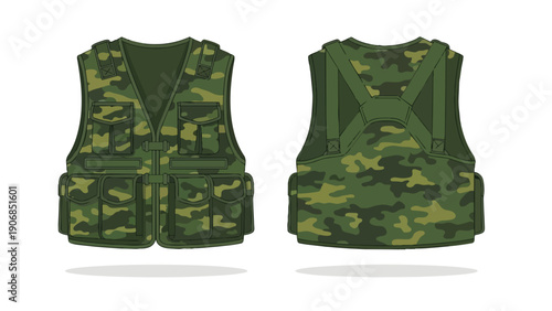 Detailed vector artwork of an army green camouflage combat vest presented in front and rear perspectives