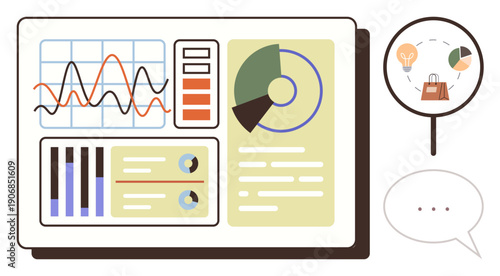Data analysis, business intelligence, marketing insights, trends tracking, decision-making, automation tools. Analytical dashboard with charts and graphs. Data analysis and business intelligence