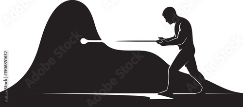 Man pulling rope uphill with determination and strength outdoors