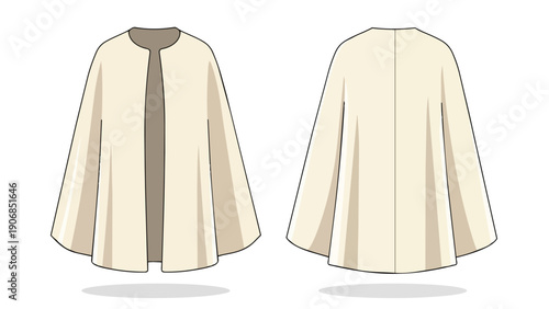 Elegant cream cape flat sketch, front and back view illustration for fashion design template, minimalist outerwear apparel concept