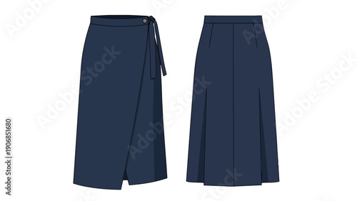 Versatile navy blue midi skirt designs showcasing two distinct fashion flats a stylish wrap-around silhouette and a gracefully pleated garment