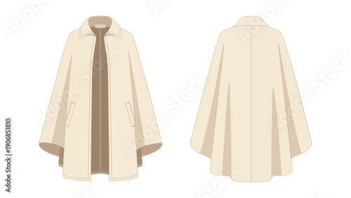 Elegant neutral tone cape presented as a technical fashion flat illustration. This versatile apparel piece displays front and back views for design