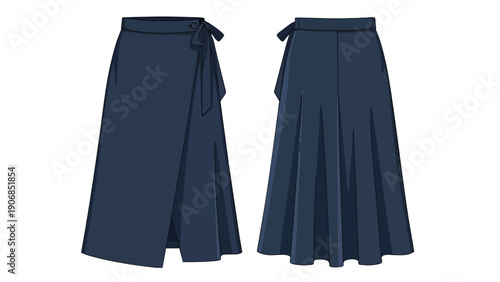 Elegant deep blue wrap skirt design featuring a flowing silhouette and versatile tie closure presented in a clear technical illustration with front