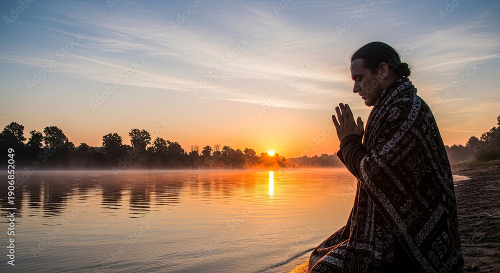 Fototapeta premium Person meditating by a river during sunset with folded hands.