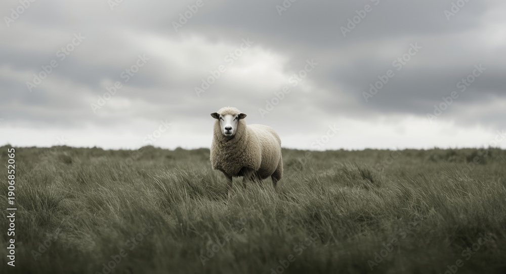 Fototapeta premium A lone sheep on a grassy plain beneath a dense cloud filled sky with room for text