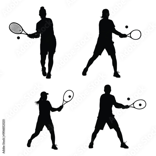 Dynamic silhouettes of tennis players in action, showcasing various strokes and movements on a court, captured from different angles.
