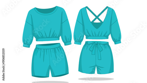 Modern teal two-piece loungewear set, featuring a cropped long-sleeve top with a stylish crisscross back and comfortable drawstring shorts, perfect