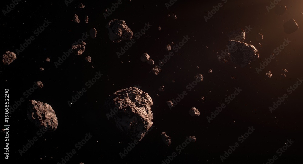 Fototapeta premium Creative portrayal of asteroids shining in solar light