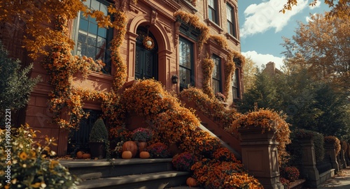 Autumn decorated brownstone...