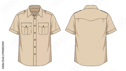 Detailed technical flat sketch illustration of a men's short-sleeve collared utility shirt with flap pockets and epaulets featuring front and back
