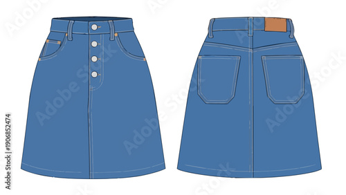 Technical flat drawing of a classic blue denim button-front A-line skirt showing front and back views