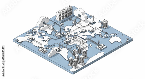 Isometric world map with industrial and architectural elements.