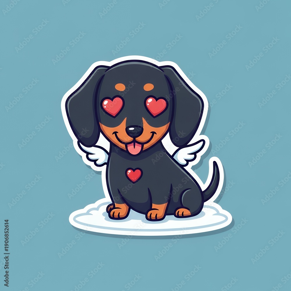 Fototapeta premium A black dachshund with red wings and a heart on snowy ground heart eyes emoji love icon cartoon emotion heart emoticon illustration smile face happy symbol
