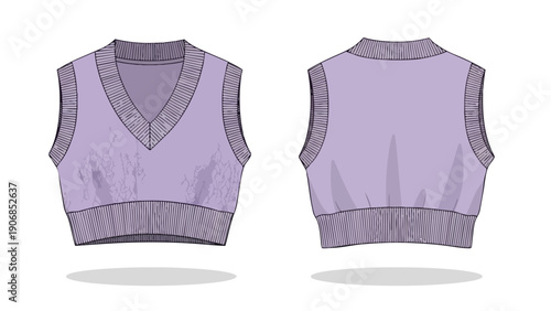 A detailed technical flat sketch of a contemporary cropped v-neck sweater vest in a subtle lavender hue presented with both front and back views for