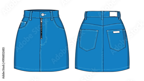 Detailed flat technical drawing of a blue denim mini skirt. Displays front with zipper, button, pockets. Back shows patch pockets, waistband. Crisp