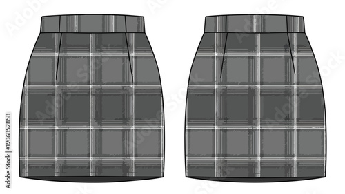 Technical fashion flat sketch showcasing a dual-view gray plaid mini skirt garment design for apparel development and pattern making illustration