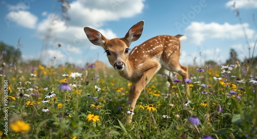 Curious young deer playing ...