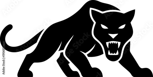 Black panther, cougar, or jaguar animal mascot in attacking pose with sharp teeth. Tribal predator or feline sport team logo. Vector illustration