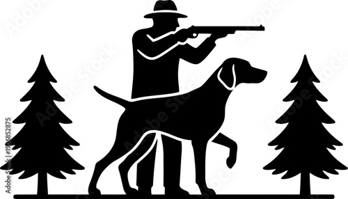 Man hunter with hunting dog and trees silhouette vector illustration for outdoor sport, hunting club, or nature design