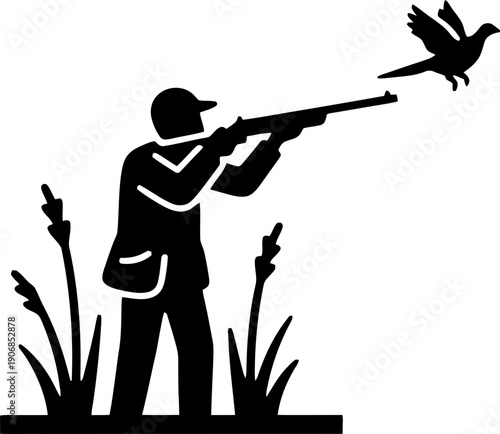 Minimalist icon design of a man hunter with a shotgun aiming at a flying bird, depicting hunting sport activity. Vector illustration for outdoors concept.