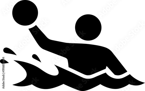 Water polo player man icon with ball in water splash. Sport game icon, competition symbol, graphic representation of athletic activity