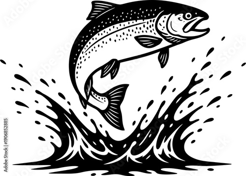 Black and white fish jumping out of water with splash. Dynamic marine animal. Simple graphic design. Vector illustration for logo or icon