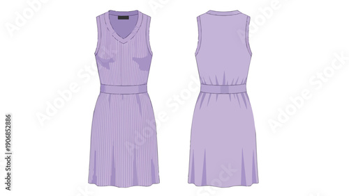 Elegant violet sleeveless pleated dress flat sketch showcasing front and back views for fashion design projects
