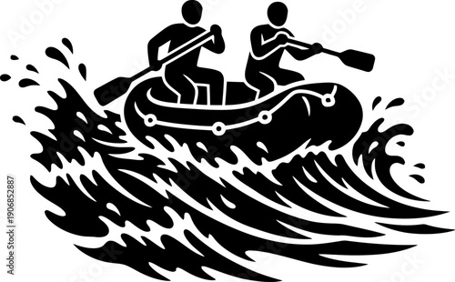 Woman and man paddling inflatable raft on rough river water. White water rafting outdoor adventure sport. Vector illustration