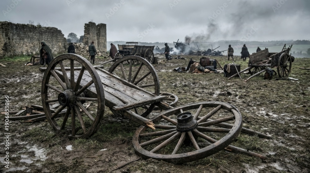 Obraz premium Broken Wooden Cartwheels on a Battlefield