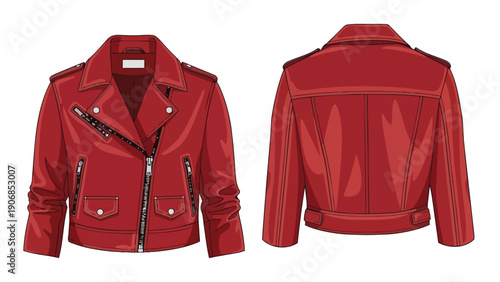 Dynamic red leather jacket flat technical drawing showcasing front and back views a vibrant apparel design illustration perfect for fashion