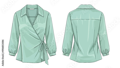Detailed technical flat drawing of a chic aqua wrap blouse, featuring front and back views. Perfect for fashion design, pattern making, and apparel