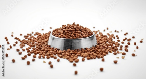 Close up of dry cat food scattered around a bowl on a clean white background