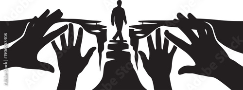 Silhouette of a man surrounded by reaching hands black