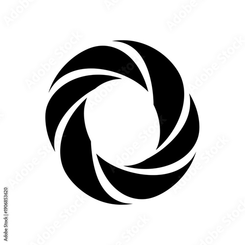 Abstract Aperture Icon: Black Swirling Blades Forming a Circular Lens Shape