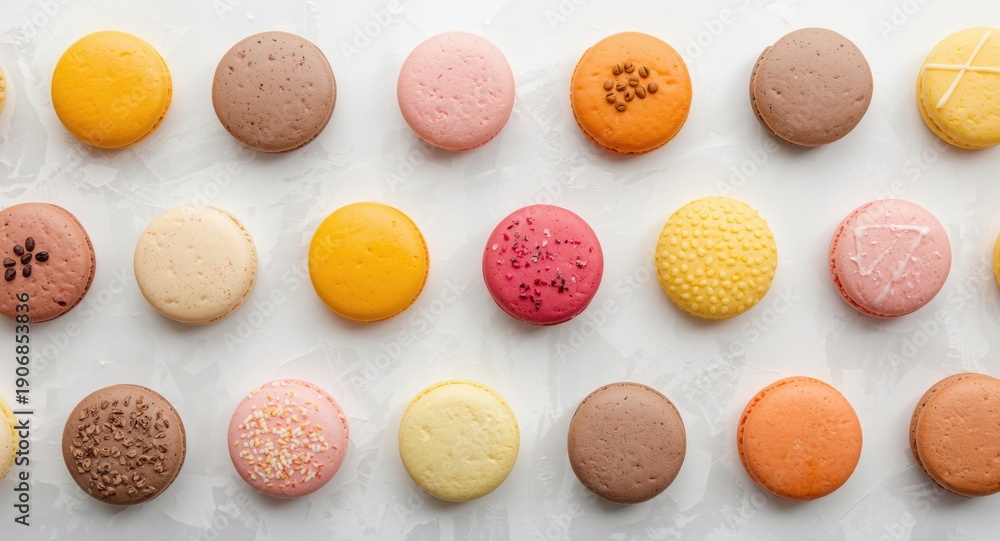 Obraz premium Different flavored macaroons placed on a white clean background