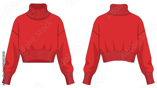 Bold red cropped turtleneck sweater technical flat sketch showcasing precise front and back garment views essential for fashion design and textile