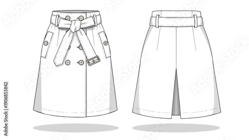 Detailed technical fashion flat illustration of a women's belted utility-style midi skirt design front and back views