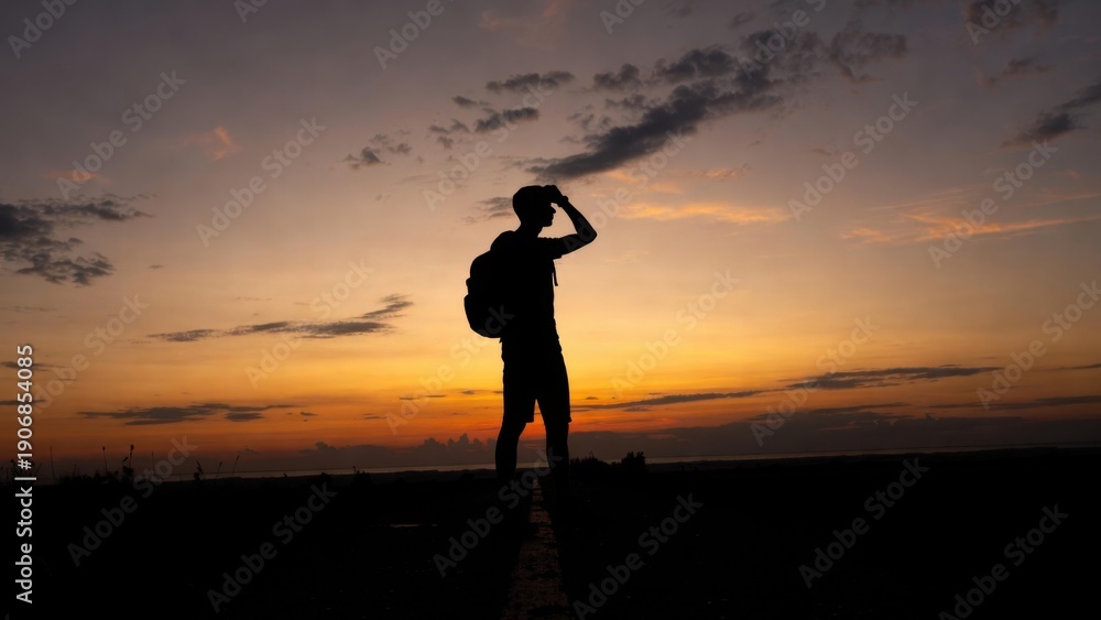 Fototapeta premium Silhouette of young male hiker overlooking dramatic sunset sky.
