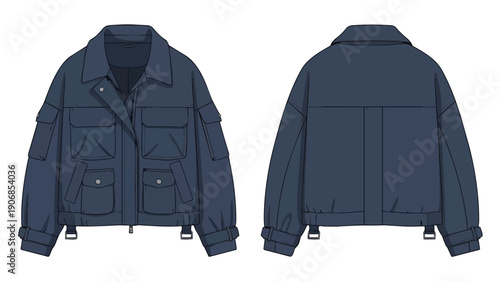 Detailed technical flat sketch showcasing a contemporary dark blue utility jacket with multiple cargo pockets and robust adjustable features for