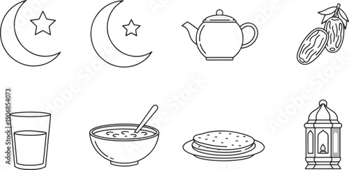 Ramadhan Kareem Icons Crescent Moon, Star, Dates, Food, Drink, Lantern, Bowl, and Tea Pot