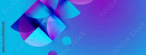 Abstract shapes overlap, creating vibrant blue, purple gradients. Minimalist design evokes modern digital aesthetic. Smooth transitions dominate composition.