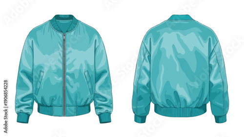 Detailed vector illustration of a stylish aqua blue bomber jacket, showcasing both front and back. Perfect for fashion design and apparel mockups,