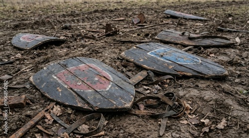 Broken Wooden Shields Lying on Muddy Ground