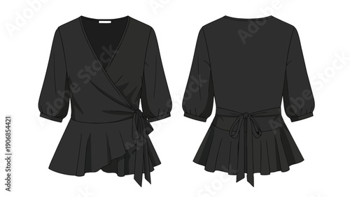 Sophisticated black women's wrap blouse technical flat sketch with a flattering V-neck three-quarter sleeves elegant ruffled peplum and adjustable